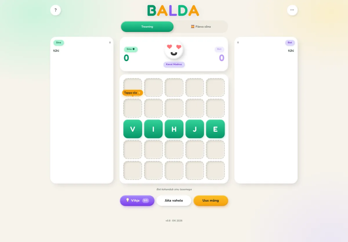 Balda rakenduse mänguvaade