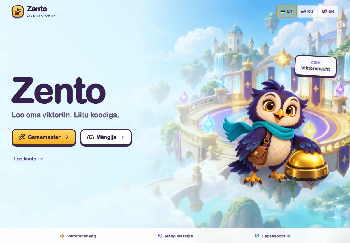 Zento uus avaleht Zeni öökull-maskoti ja viktoriinimaailmaga